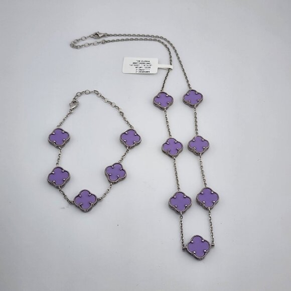 Brand New 925Sterling Silver Purple Clover 2pc Jewelry Set - Necklace & Bracelet - Picture 11 of 13